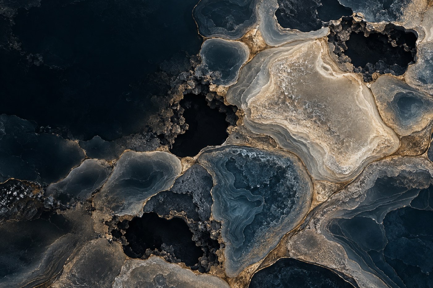 Aerial view of a mineral landscape: many distinct structures bounded by gold seams, some intact, some eroded